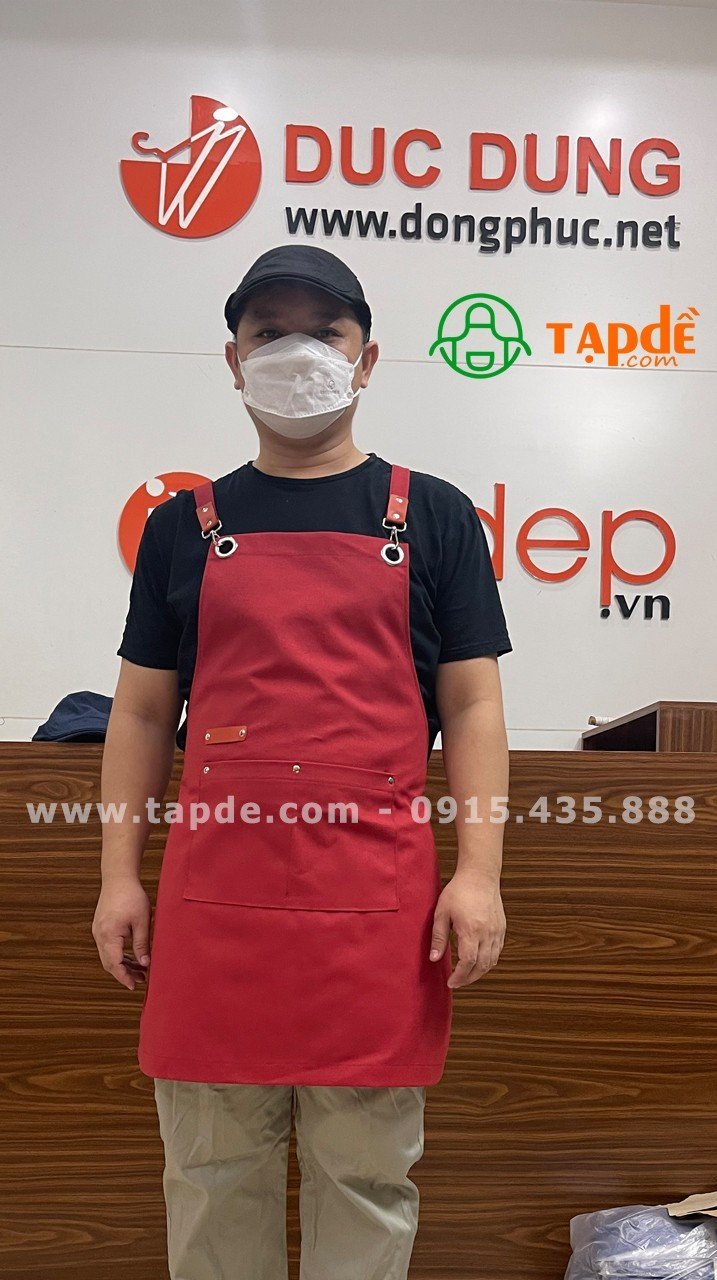 Tạp dề dáng dài màu đỏ - sản phẩm handmade - Tạp dề phối da | Tap de dong phuc
